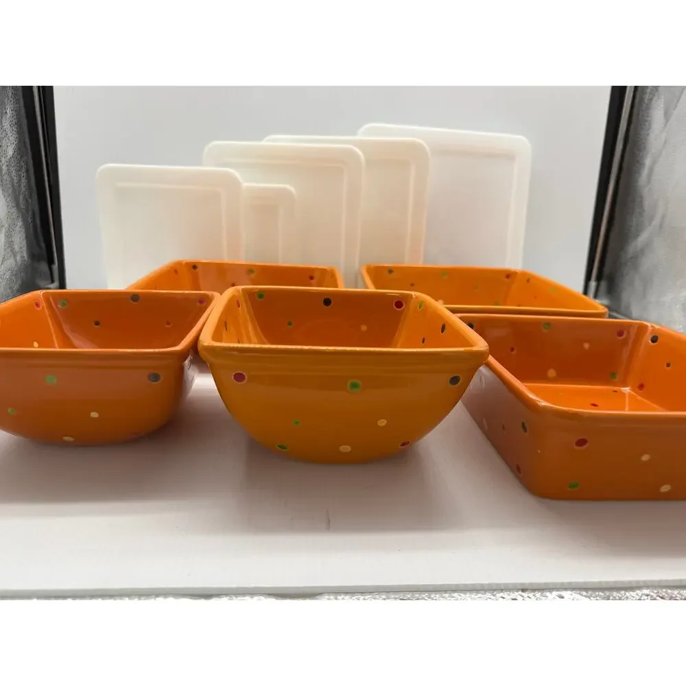 Set of 5 Temp-Tations Orange Polka Dot Casserole Baking Dishes w/ Lids